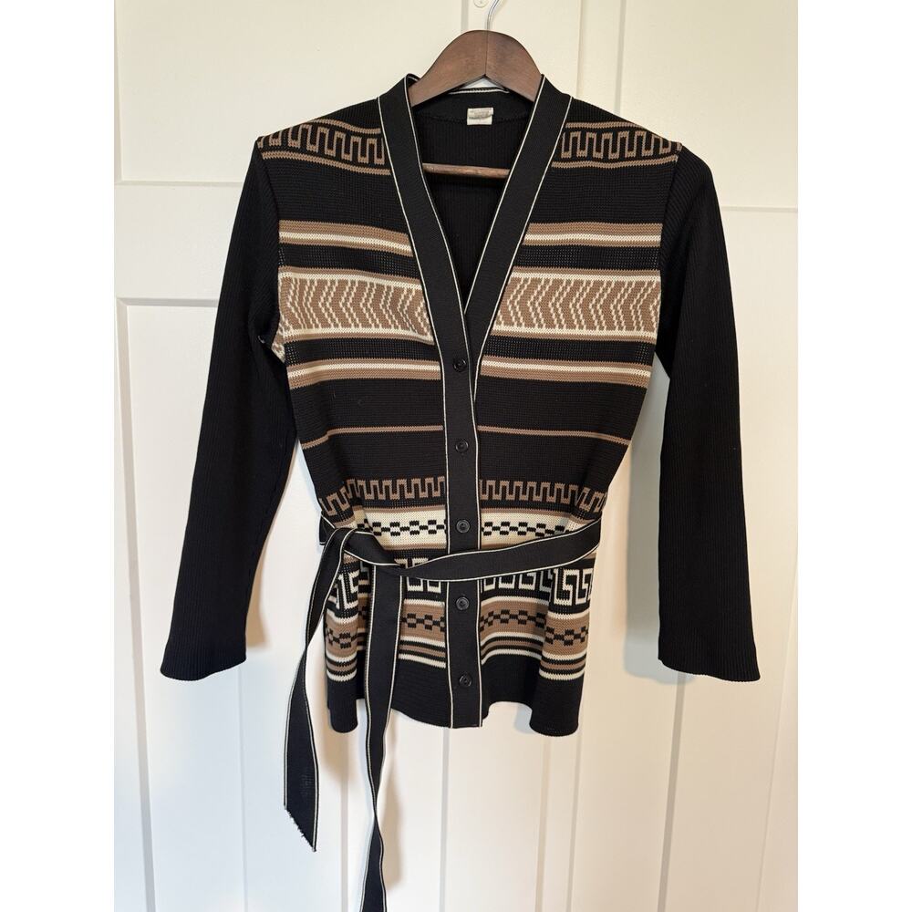 Black & Tan Patterned Belted Cardigan Sweater